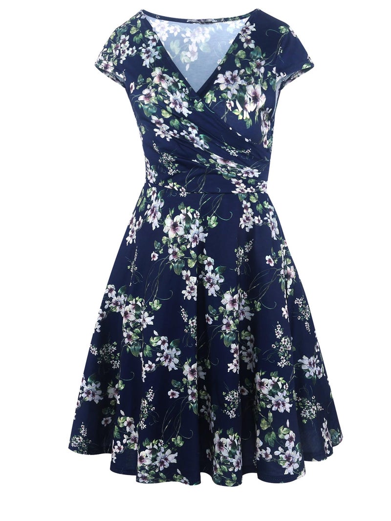 oxiuly Women's Criss-Cross V-Neck Cap Half Sleeve Floral Casual Work Party Tea Swing Dress OX233 (2XL, Blue Green F) - Image 2